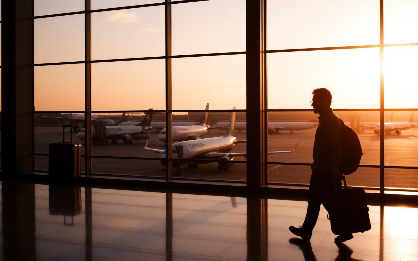 Passeggero in controluce davanti alle grandi vetrate di un terminal aeroportuale al tramonto, con aerei in piazzola