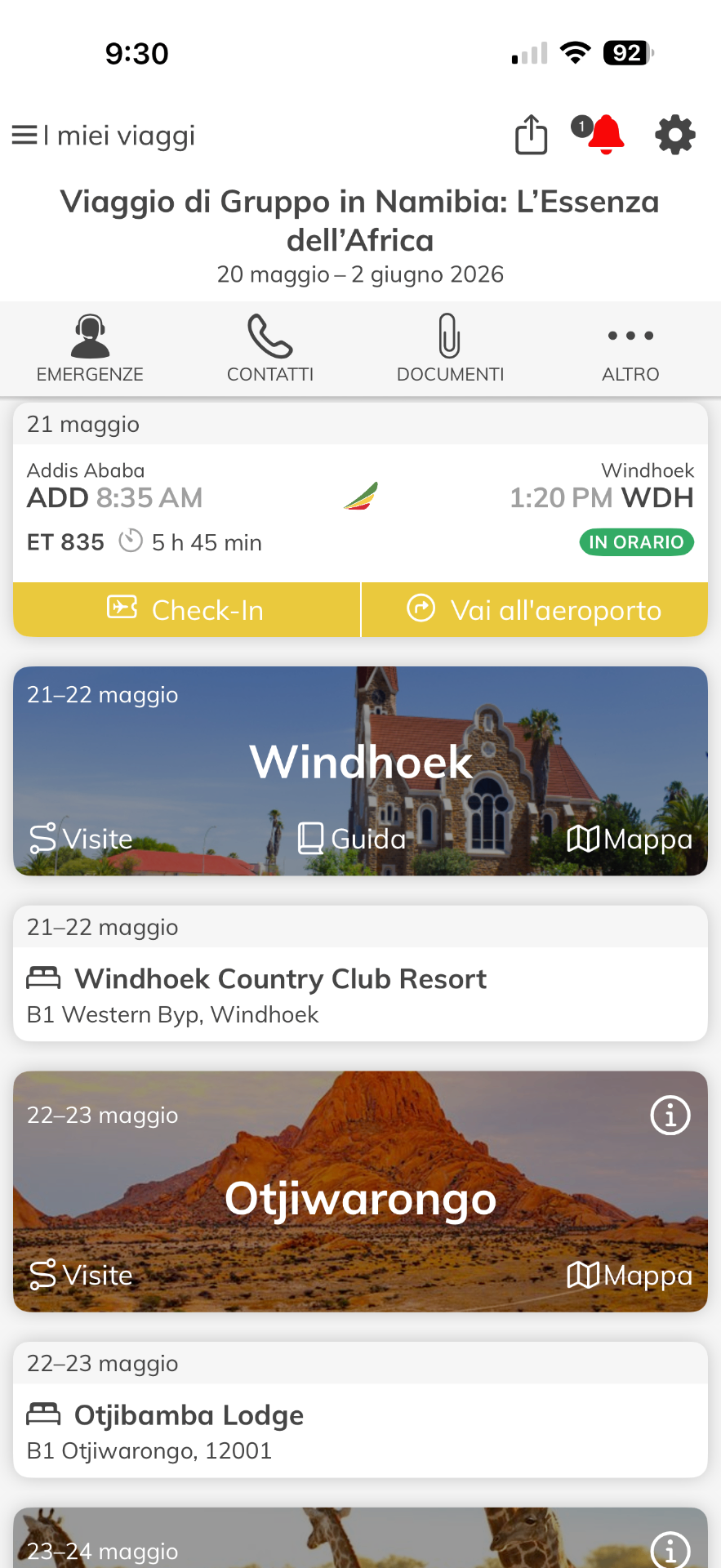Itinerario live con voli, hotel e tappe del viaggio