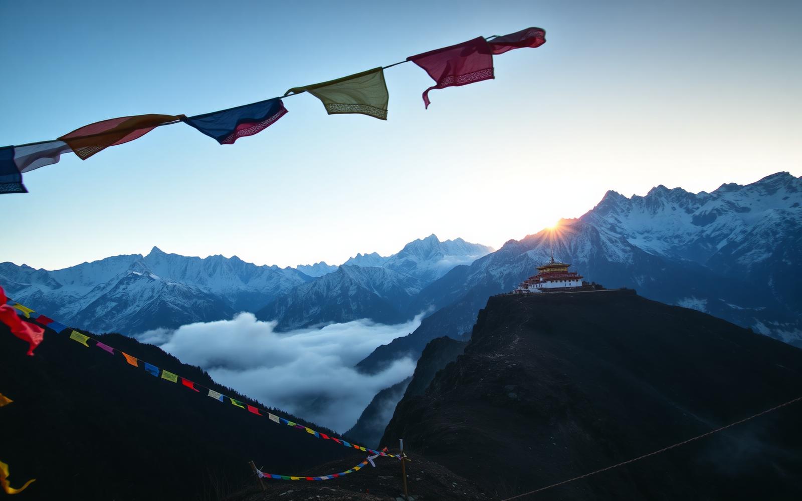 Bandiere di preghiera himalayane all'alba davanti a una catena di vette innevate, con un monastero buddhista distante su un crinale