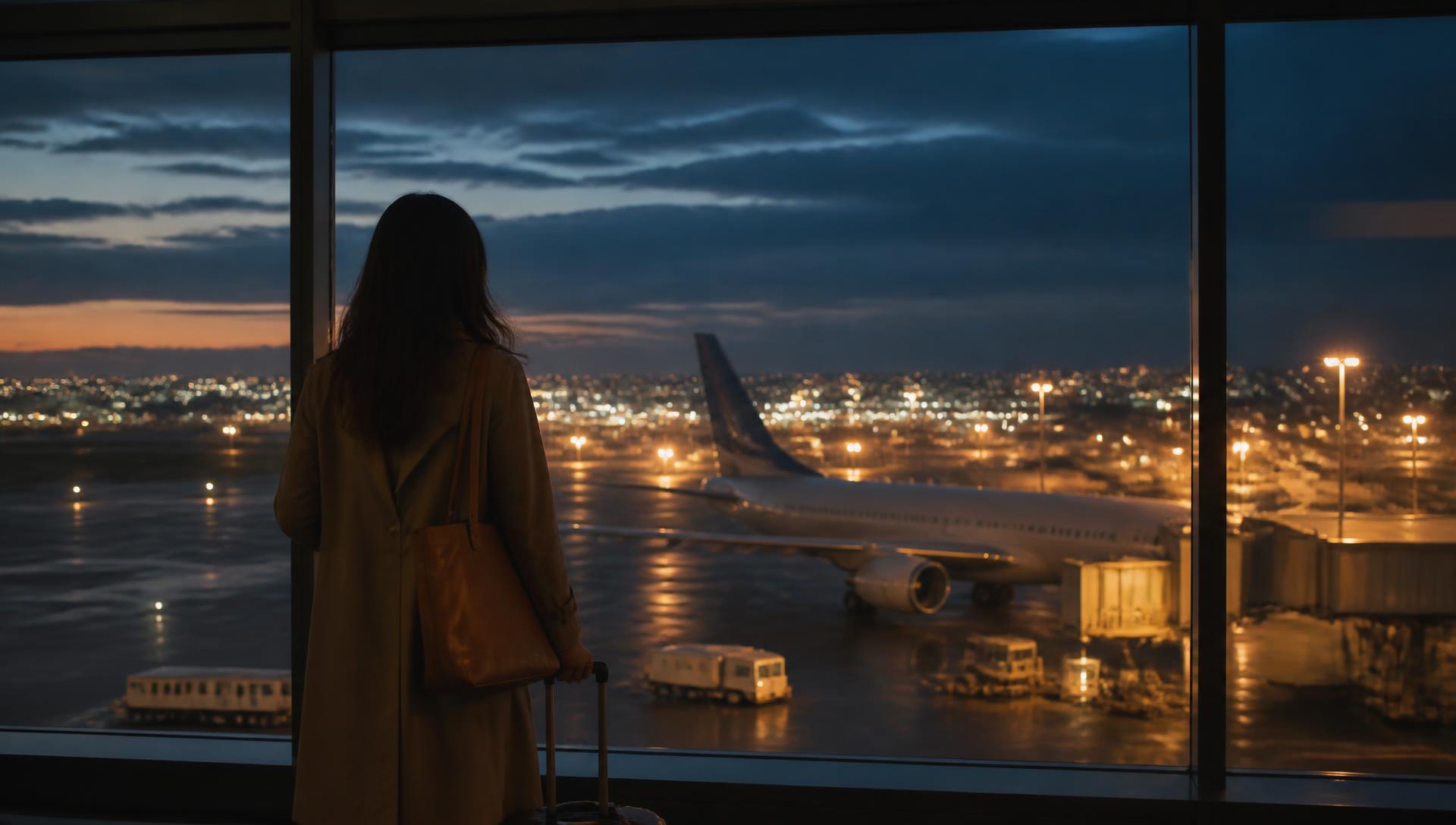 Viaggiatrice davanti alle vetrate di un aeroporto all'ora blu