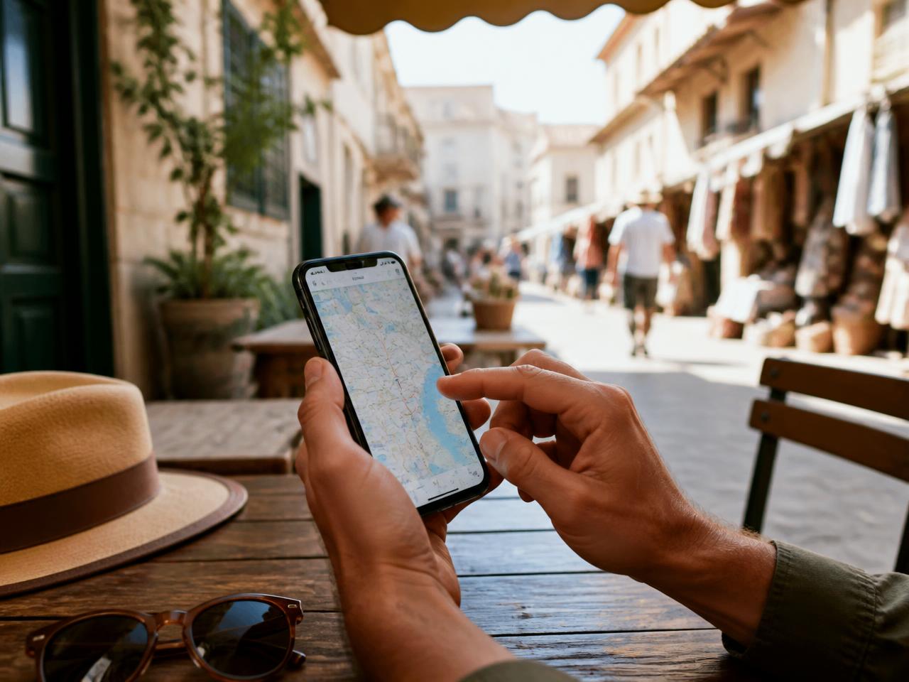 Mani che consultano una mappa sullo smartphone in una via all'estero