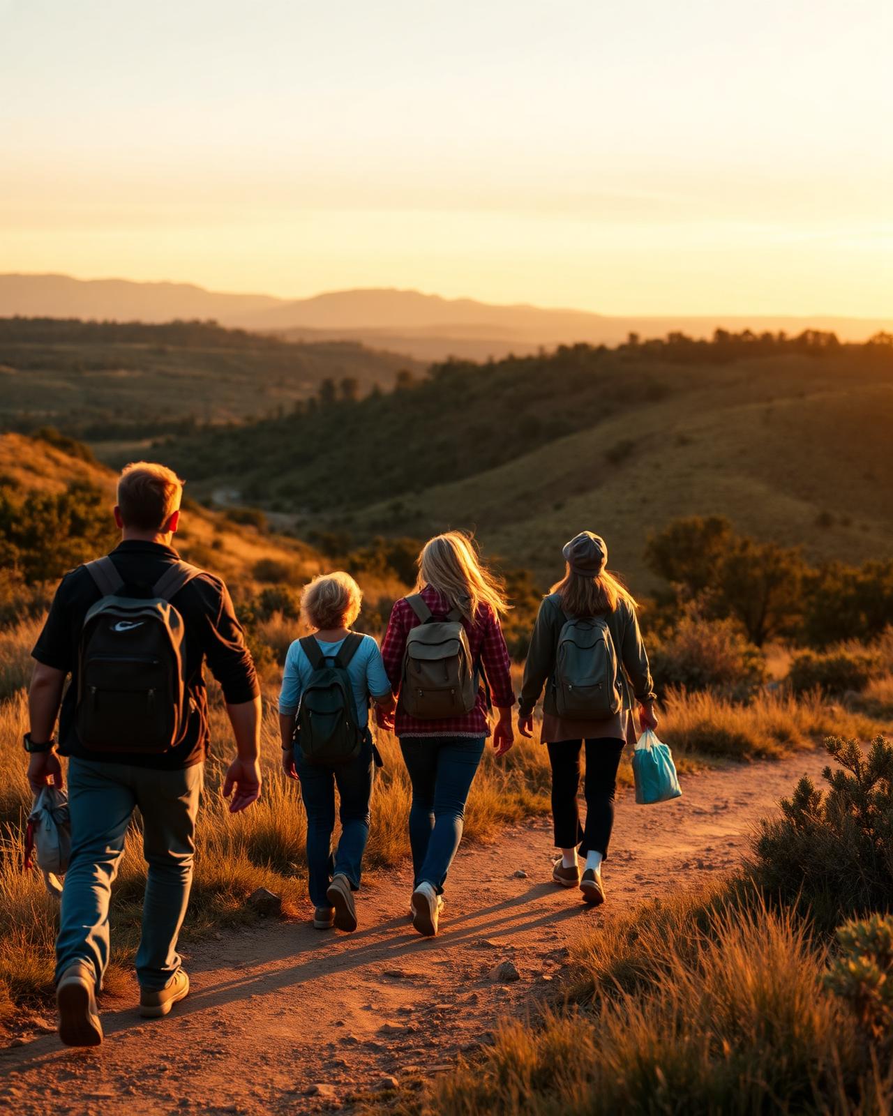 Gruppo di viaggiatori cammina insieme al tramonto in un paesaggio collinare