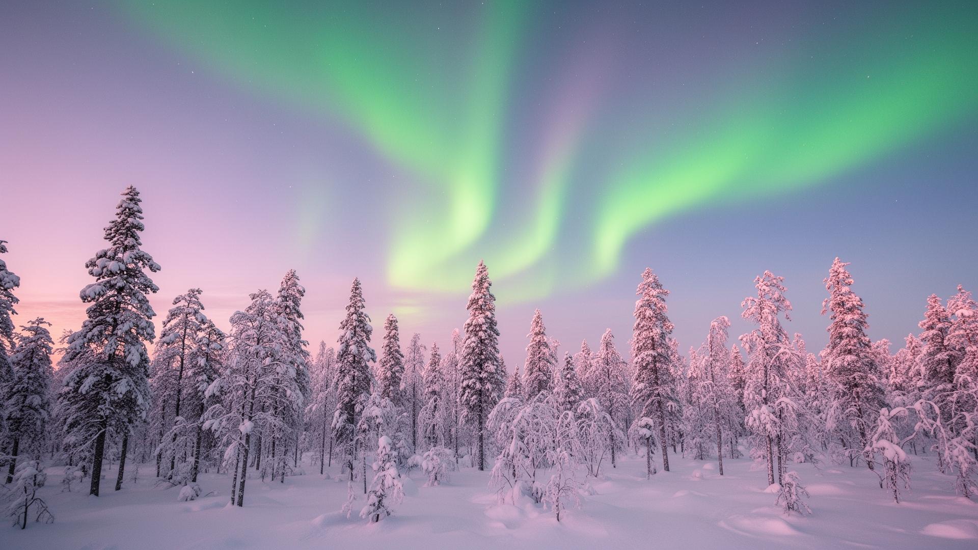 Aurora boreale verde sopra una foresta di abeti innevati in Lapponia finlandese al crepuscolo