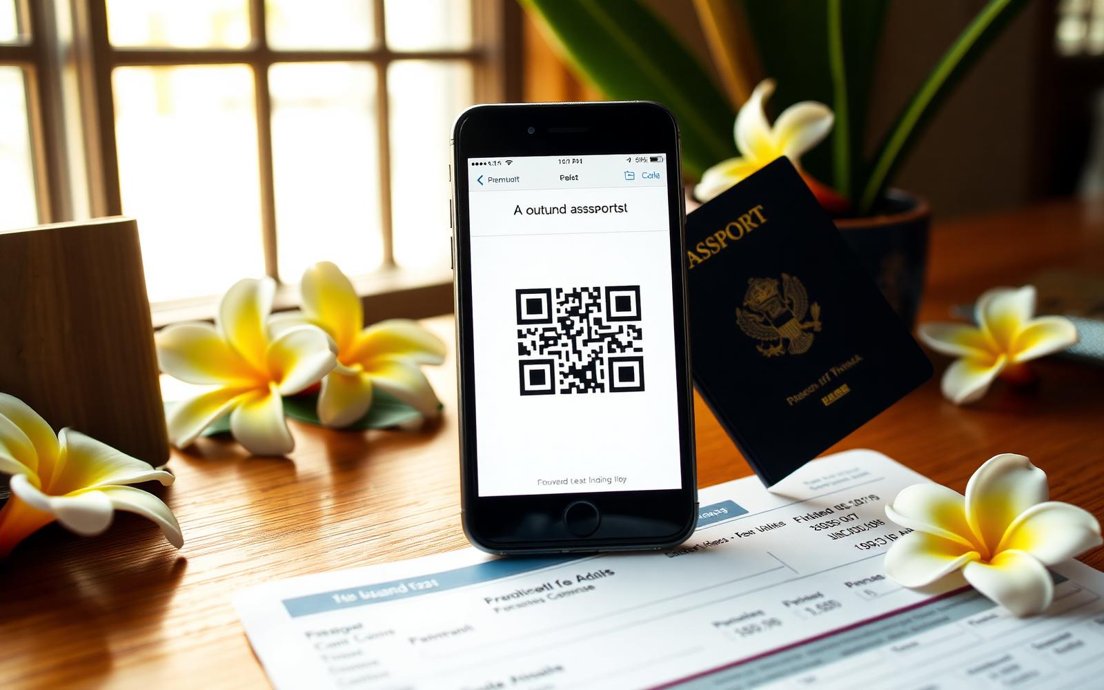 Passaporto, smartphone con QR code di un modulo d'ingresso e carta d'imbarco su una scrivania in legno con fiori di frangipani