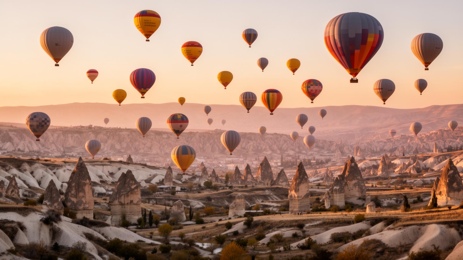 Mongolfiere colorate sopra i camini delle fate della Cappadocia all'alba, Turchia