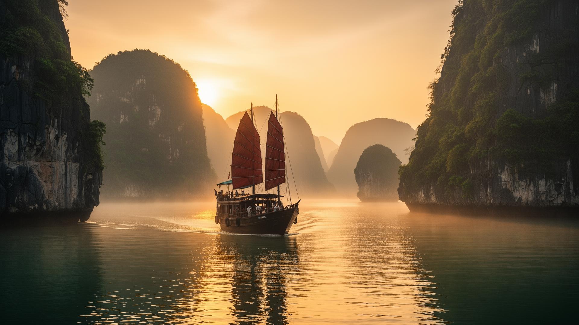 Giunca tradizionale a vele rosse naviga al tramonto tra le formazioni calcaree della baia di Halong, Vietnam